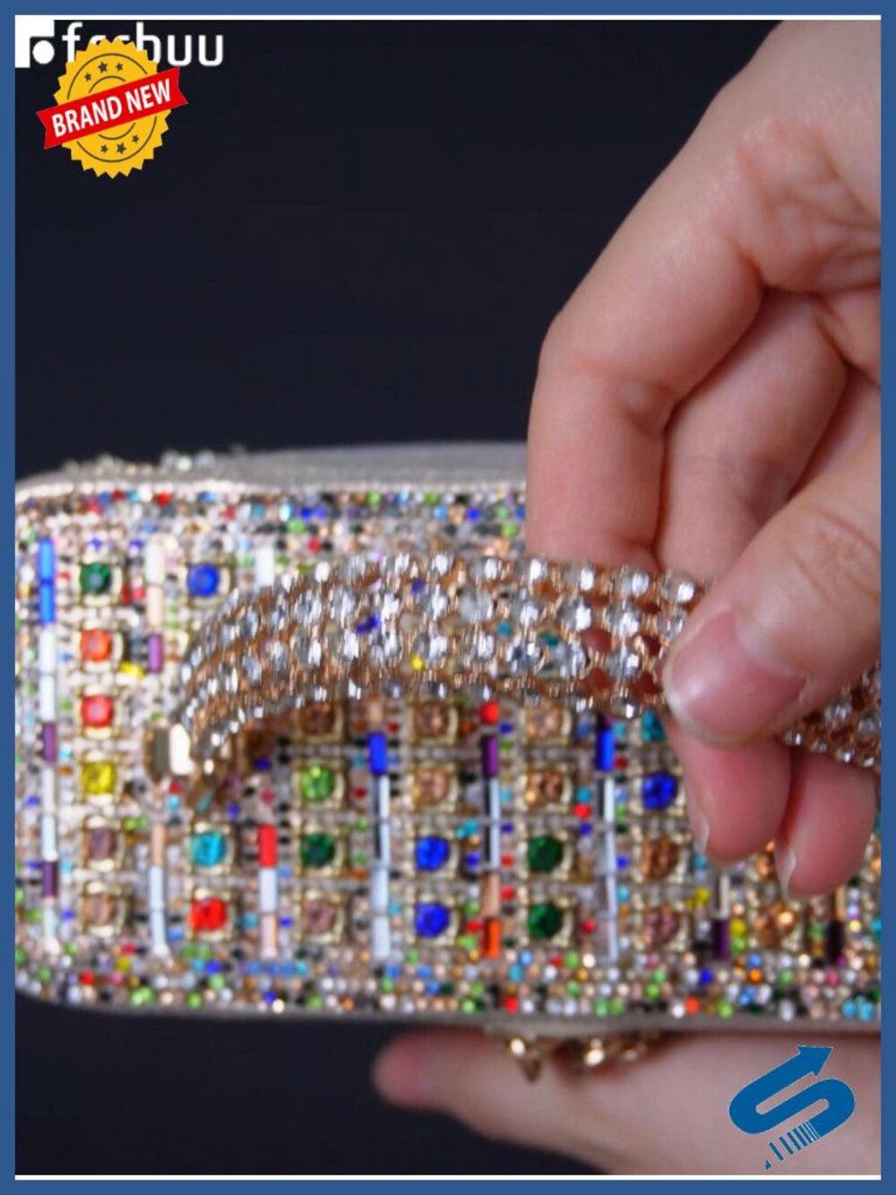 Rhinestone Box Evening Clutch Crossbody with Detachable Chain - Picture 6 of 6